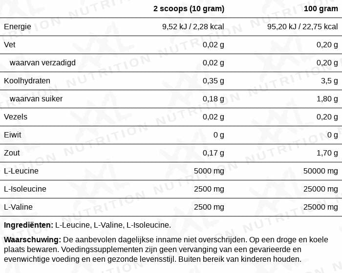 XXL Nutrition - BCAA Powder - Leucine (2) Isoleucine (1) Valine (1) - Essentiële Aminozuren, BCAA Poeder - Neutraal Smaak - 500 Gram (50 doseringen)