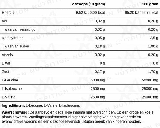 XXL Nutrition - BCAA Powder - Leucine (2) Isoleucine (1) Valine (1) - Essentiële Aminozuren, BCAA Poeder - Neutraal Smaak - 500 Gram (50 doseringen)