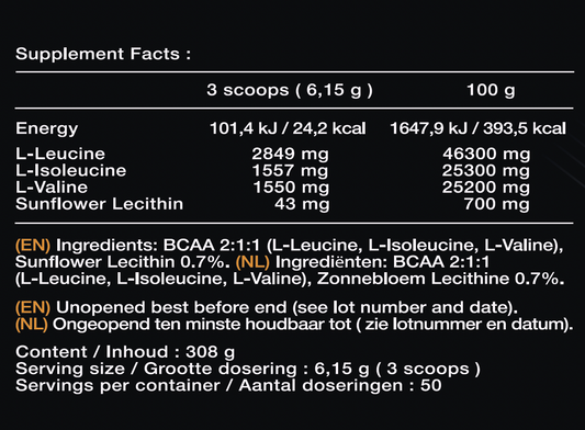 BCAA Poeder - 308 Gram - 50 doseringen - Supplement facts