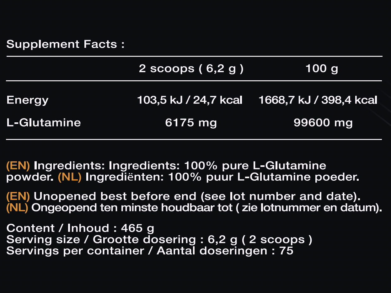 Glutamine Poeder - 465 Gram - 75 doseringen - Supplement facts