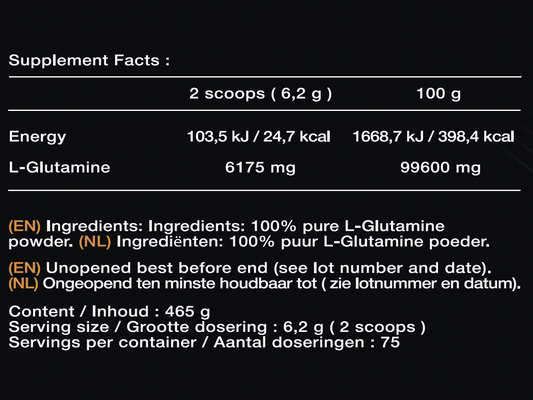 Glutamine Poeder - 465 Gram - 75 doseringen - Supplement facts