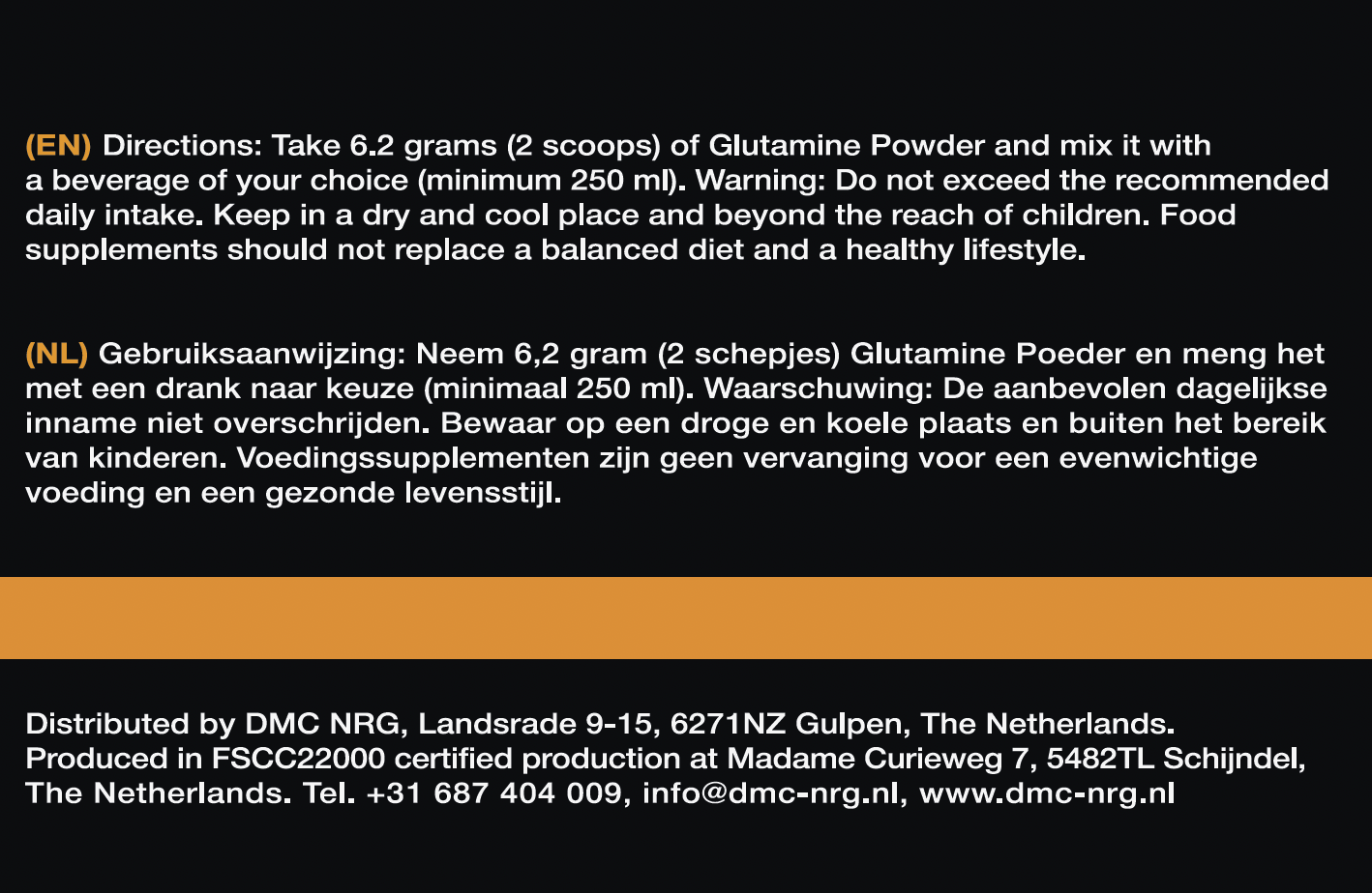 Glutamine Poeder - 465 Gram - 75 doseringen - Directions and Manufacturer info