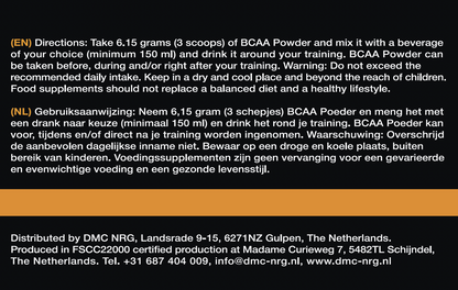 BCAA Poeder - 308 Gram - 50 doseringen - Directions and Manufacturer information